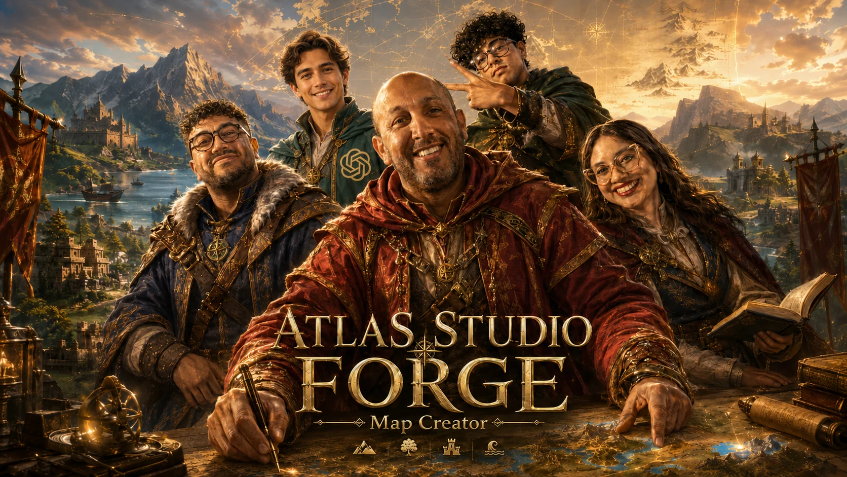 Representación artística del equipo creativo de Atlas Map Forge en un mundo medieval